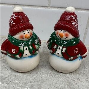 Festive Holiday Snowman Salt and Pepper Shakers - Red and Green